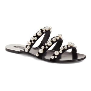 LEITH Black Velvet and Pearl Triple Strap Slide Sandals Size 6.5